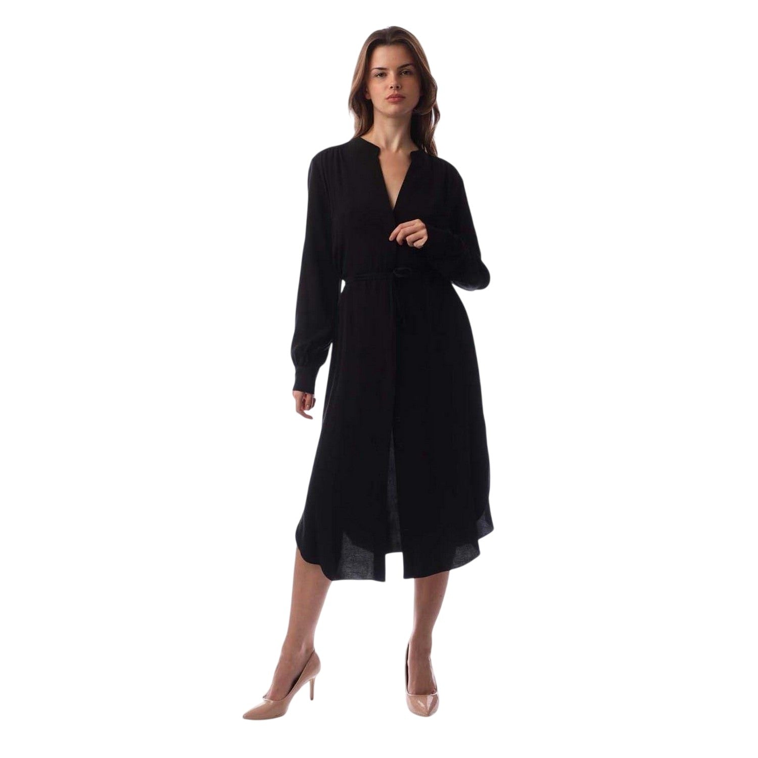 Black - Front - Boss Womens-Ladies Dibanorah Notch Neck Long-Sleeved Midi Shirt Dress