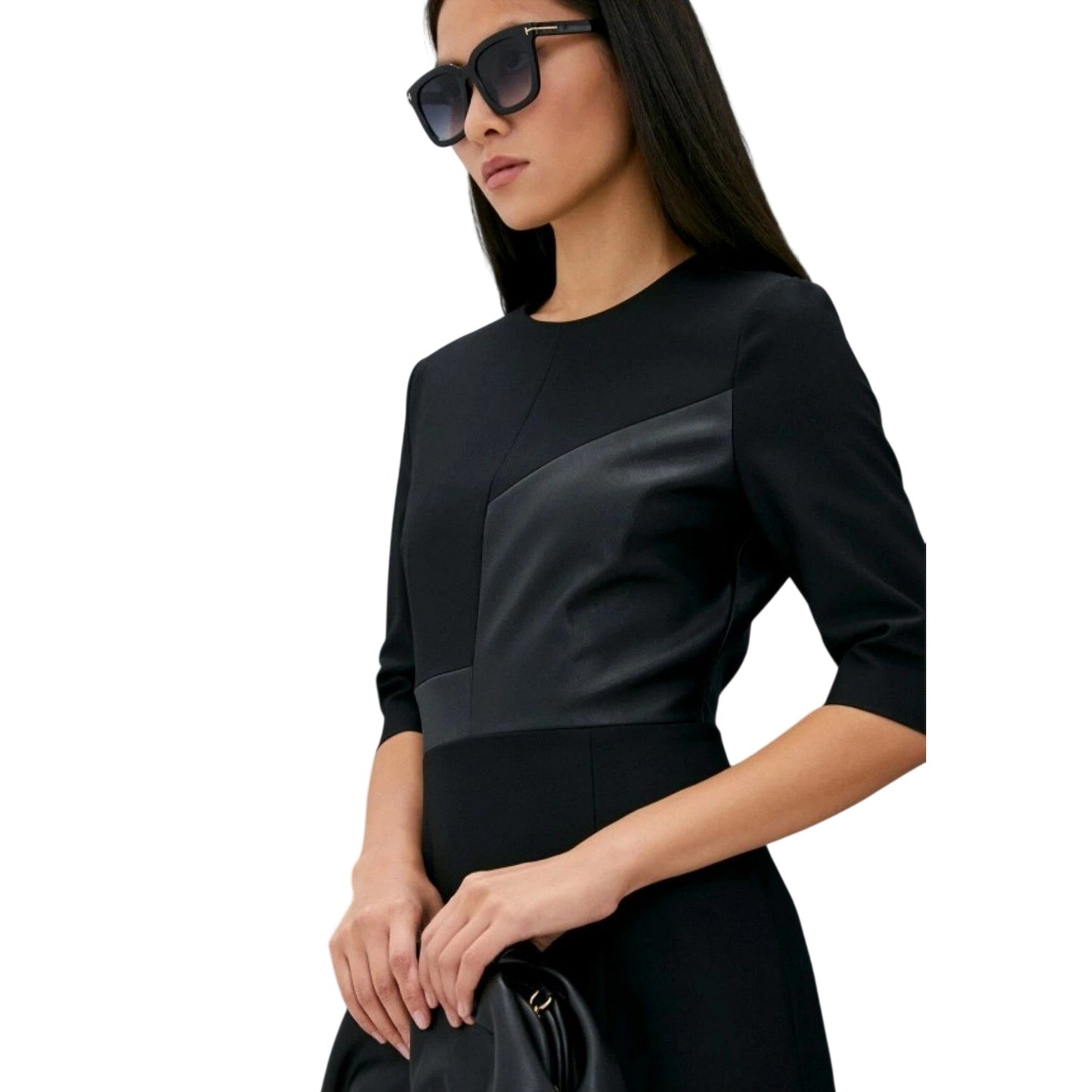 Black - Side - Boss Womens-Ladies Dezona Asymmetric Crew Neck Midi Dress