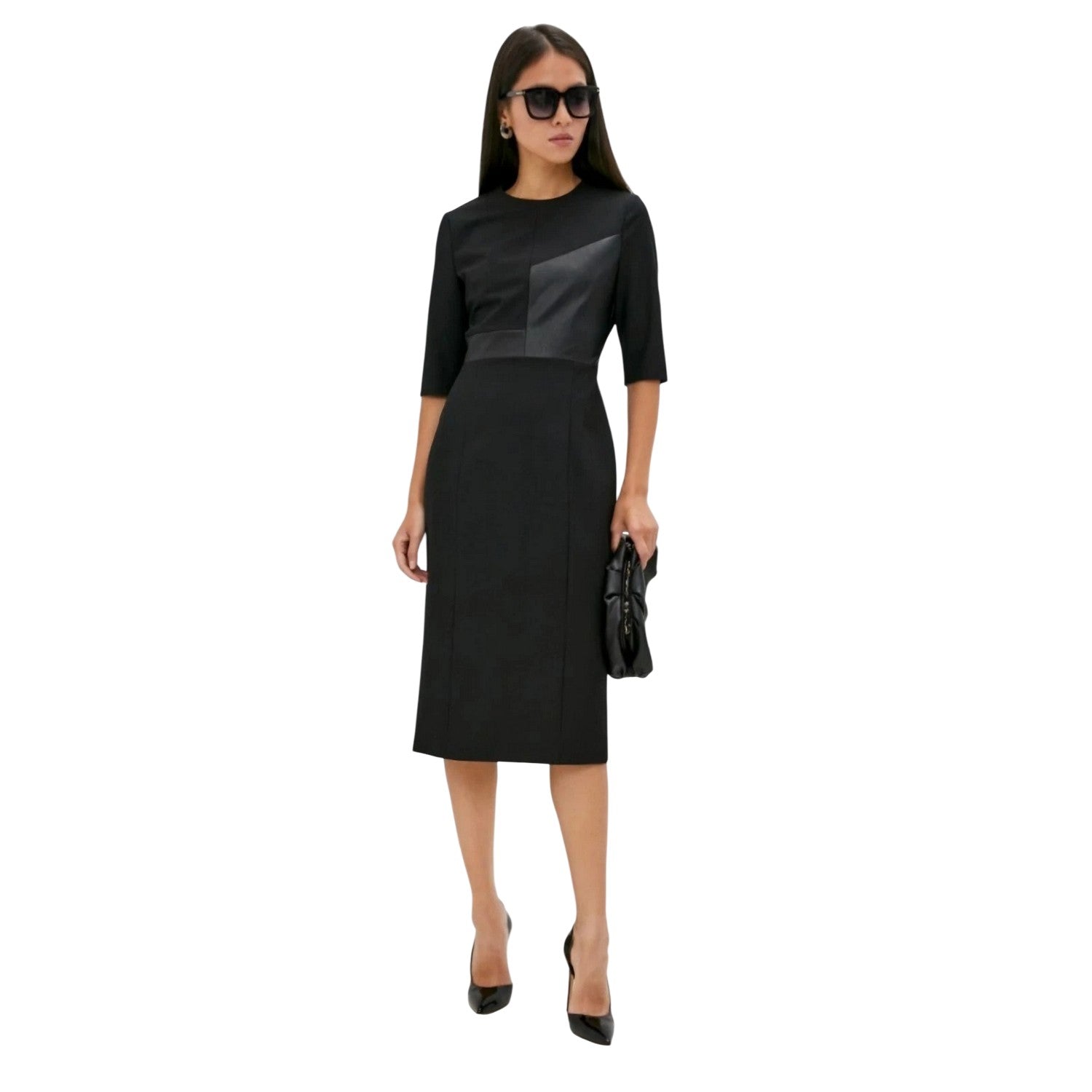 Black - Lifestyle - Boss Womens-Ladies Dezona Asymmetric Crew Neck Midi Dress