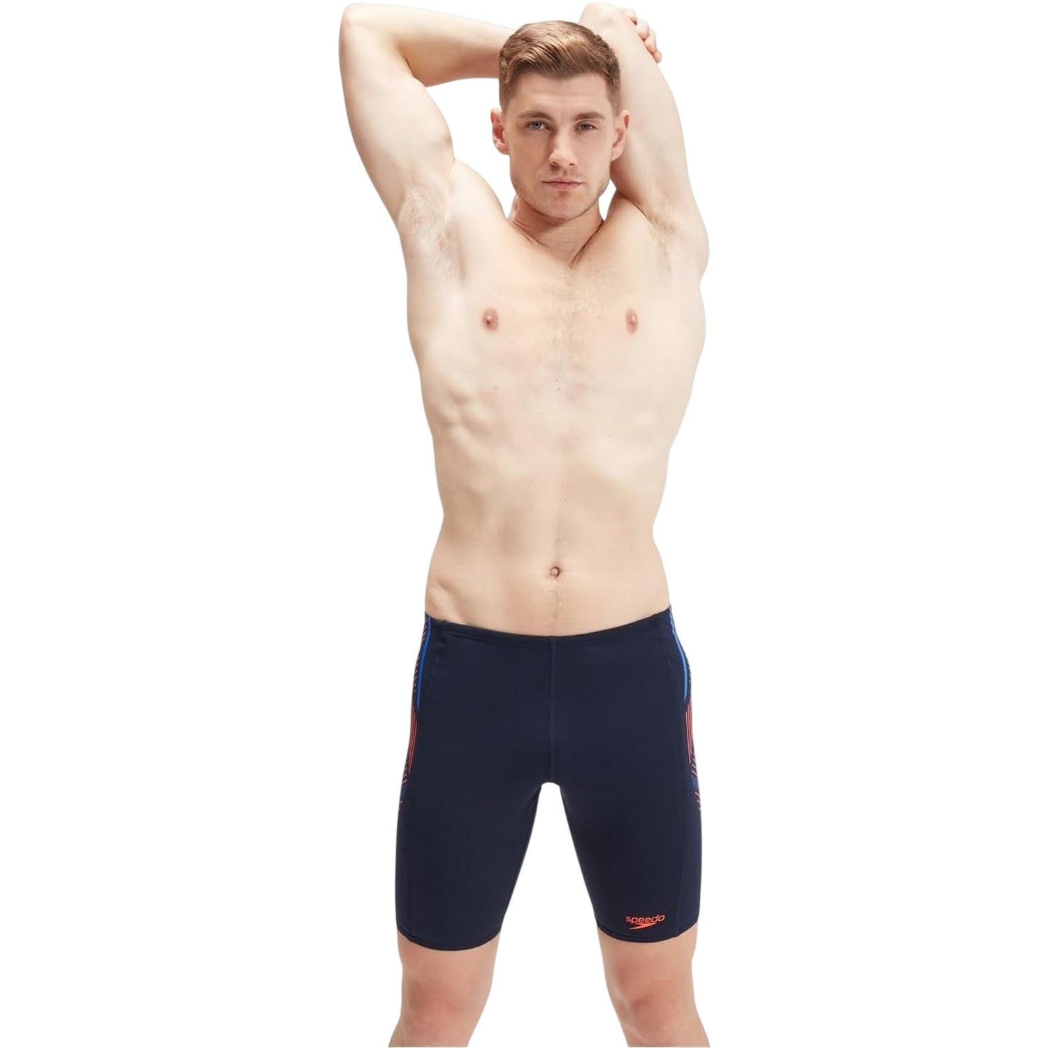 Navy-Orange - Pack Shot - Speedo Mens Stripe Textile Technical Jammer Shorts