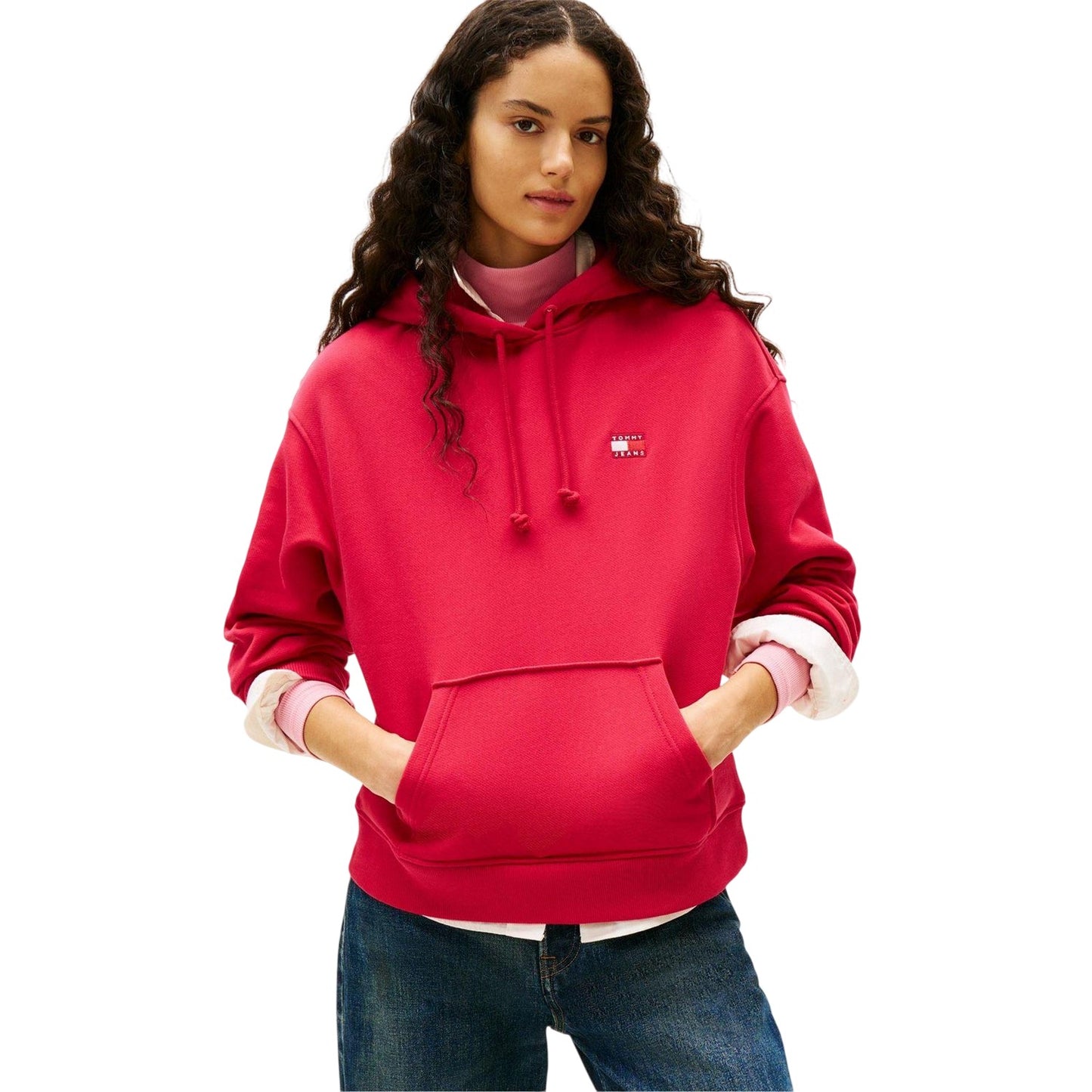 Ruby Red - Side - Tommy Jeans Womens-Ladies Badge Relaxed Fit Hoodie