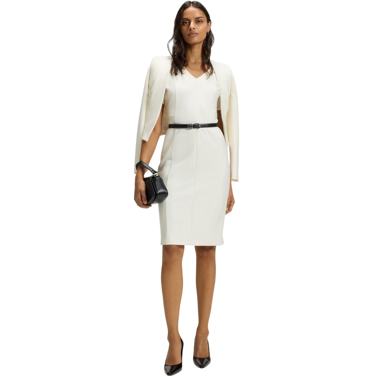 White - Pack Shot - Boss Womens-Ladies Damaisa V Neck Slim Short-Sleeved Midi Dress