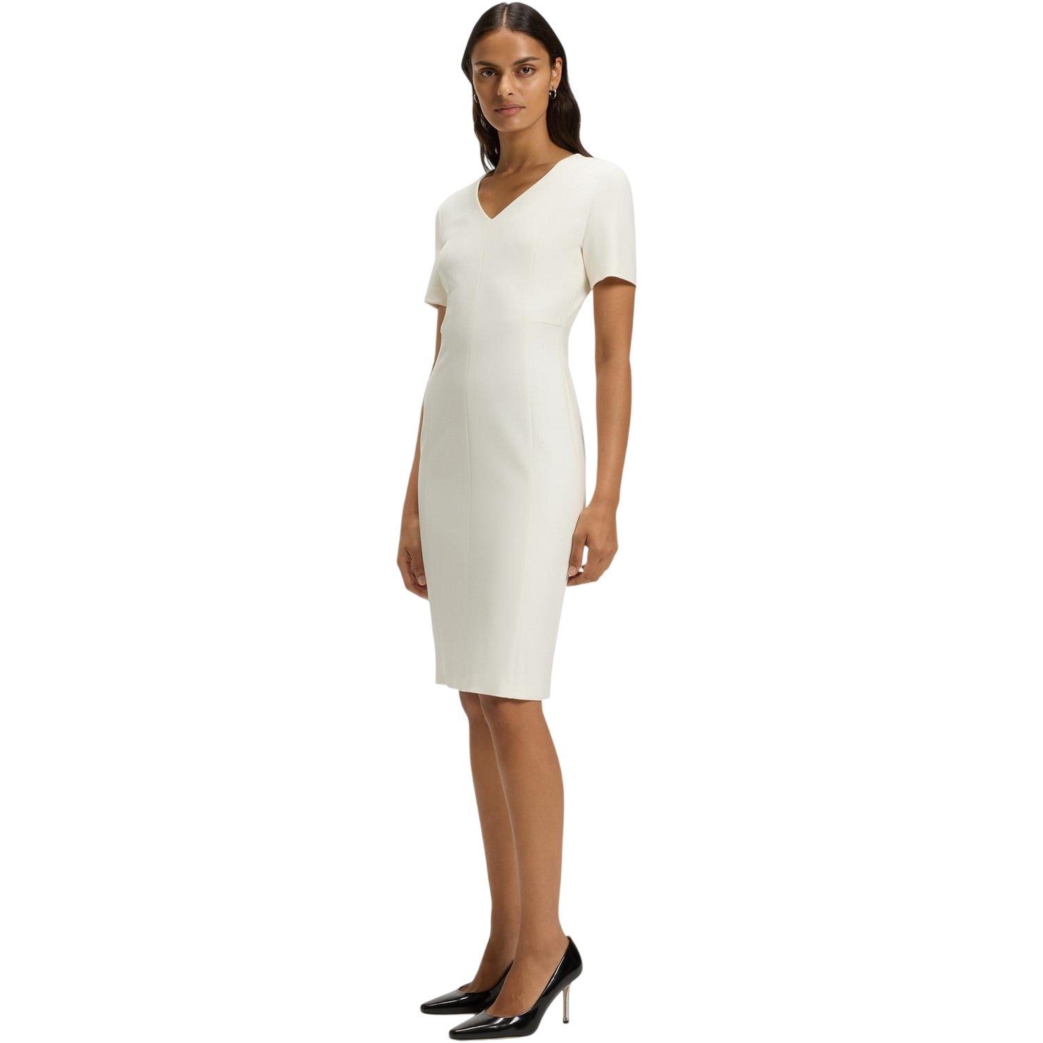 White - Side - Boss Womens-Ladies Damaisa V Neck Slim Short-Sleeved Midi Dress