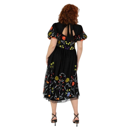 Black - Back - Maya Deluxe Womens-Ladies Floral Crew Neck Puff Sleeve Midi Dress