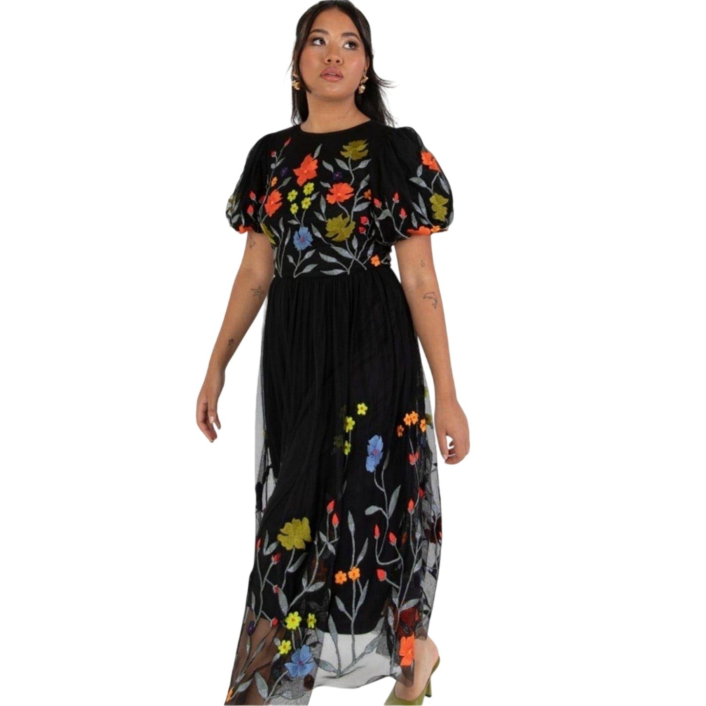 Black - Side - Maya Deluxe Womens-Ladies Floral Crew Neck Puff Sleeve Midi Dress