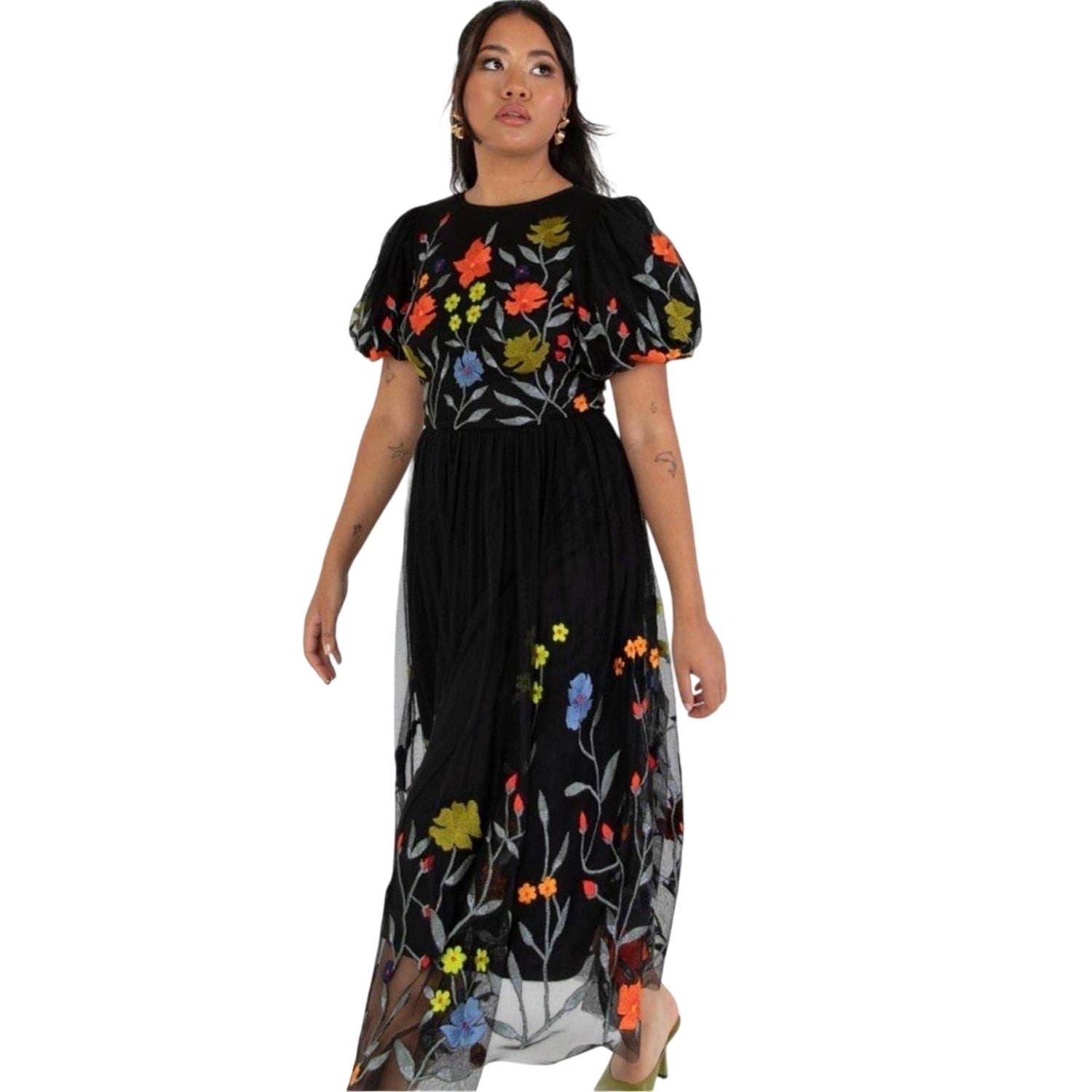Black - Side - Maya Deluxe Womens-Ladies Floral Crew Neck Puff Sleeve Midi Dress