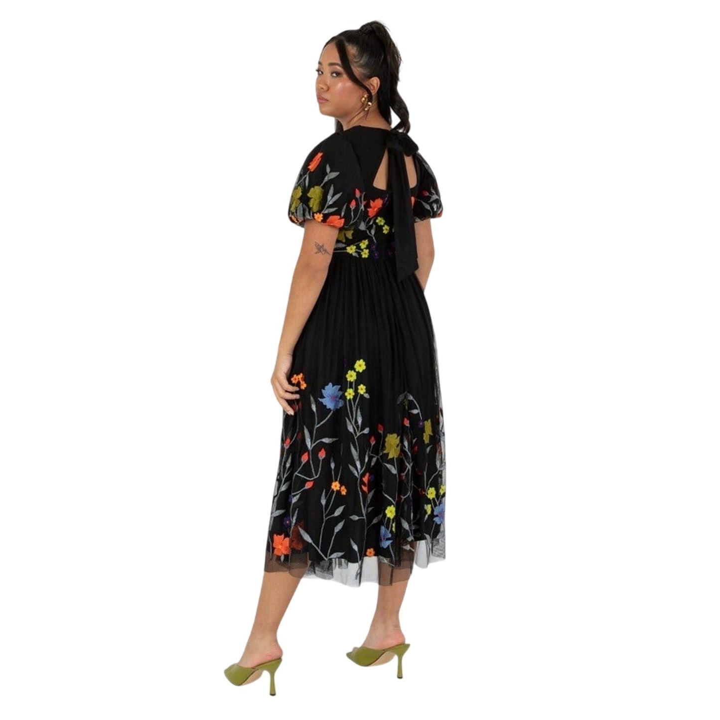 Black - Lifestyle - Maya Deluxe Womens-Ladies Floral Crew Neck Puff Sleeve Midi Dress