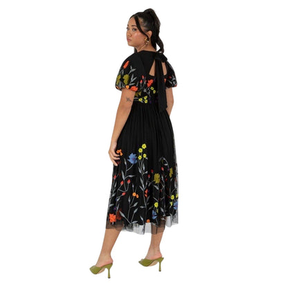 Black - Lifestyle - Maya Deluxe Womens-Ladies Floral Crew Neck Puff Sleeve Midi Dress