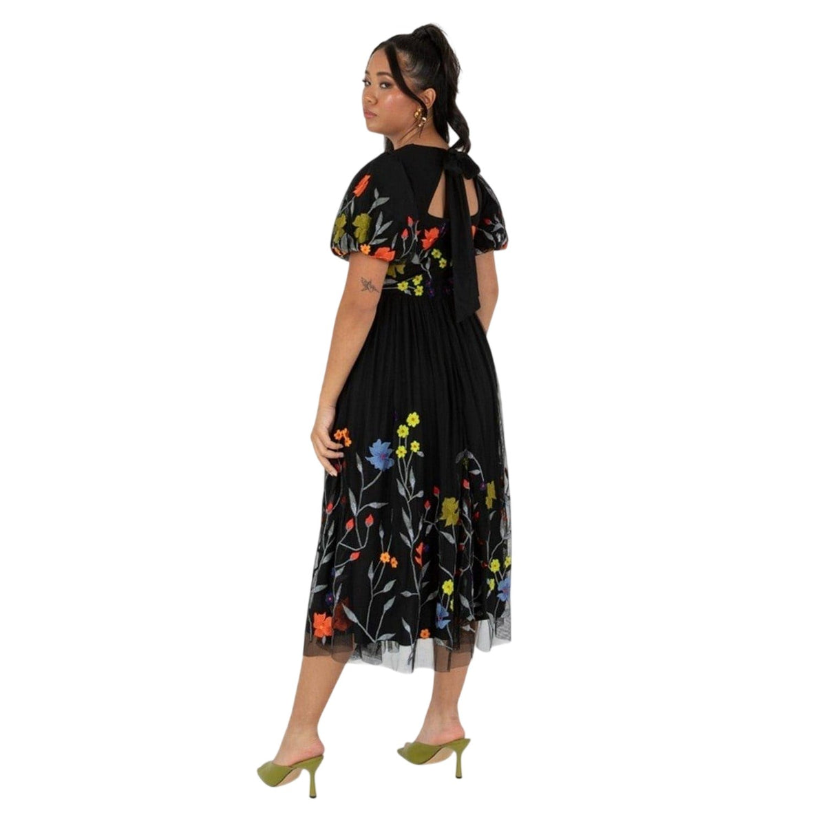 Black - Lifestyle - Maya Deluxe Womens-Ladies Floral Crew Neck Puff Sleeve Midi Dress