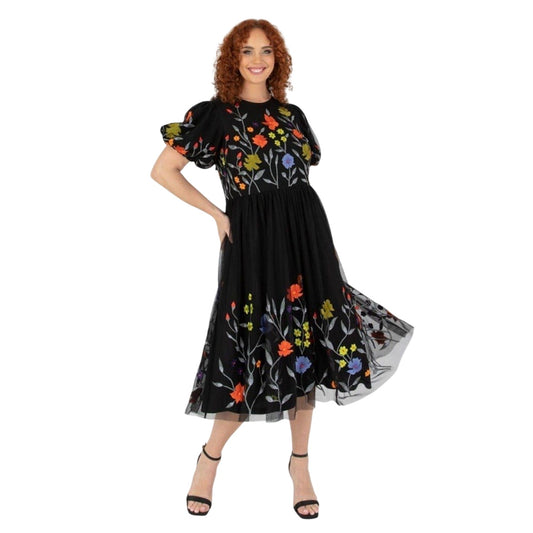 Black - Front - Maya Deluxe Womens-Ladies Floral Crew Neck Puff Sleeve Midi Dress