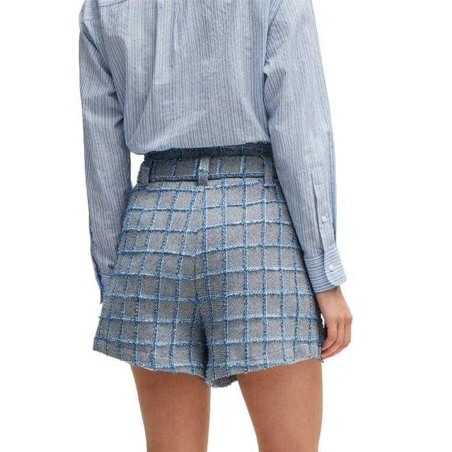 Grey-Blue - Back - Boss Womens-Ladies Teofila Plaid Paperbag Shorts
