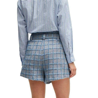 Grey-Blue - Back - Boss Womens-Ladies Teofila Plaid Paperbag Shorts