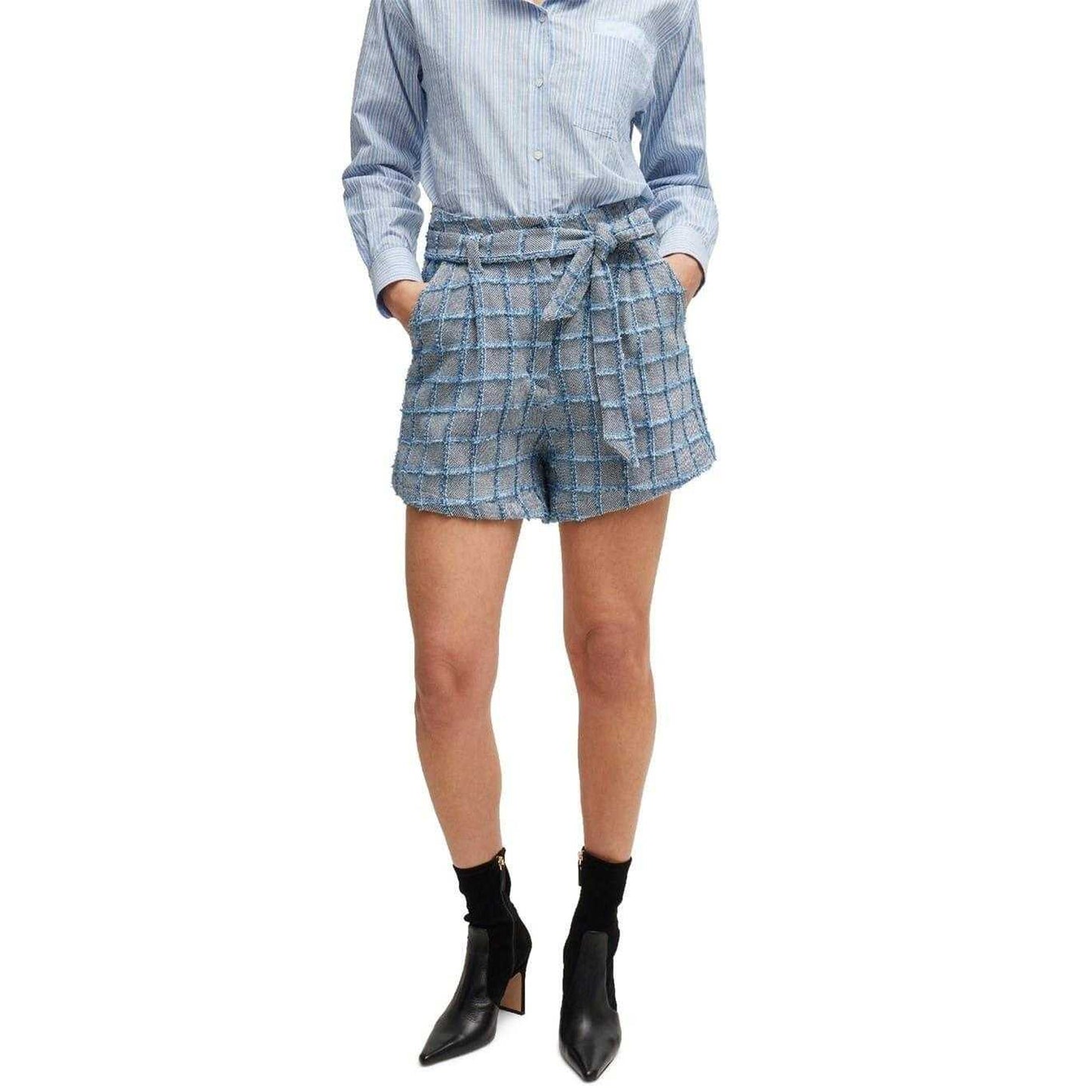 Grey-Blue - Lifestyle - Boss Womens-Ladies Teofila Plaid Paperbag Shorts