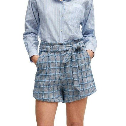 Grey-Blue - Front - Boss Womens-Ladies Teofila Plaid Paperbag Shorts