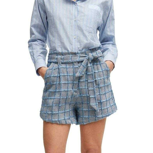 Grey-Blue - Front - Boss Womens-Ladies Teofila Plaid Paperbag Shorts