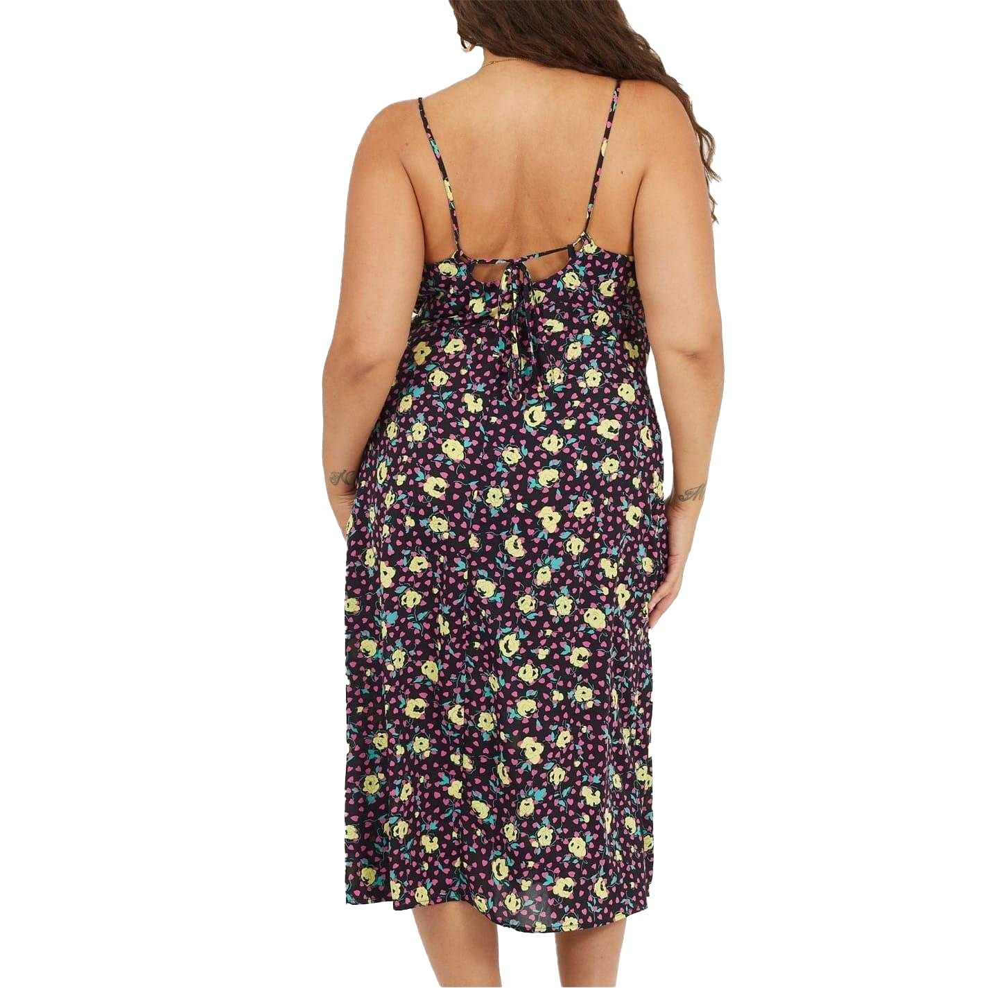 Black-Green-Yellow - Back - Brave Soul Womens-Ladies Floral Curved Spaghetti Strap Midi Dress
