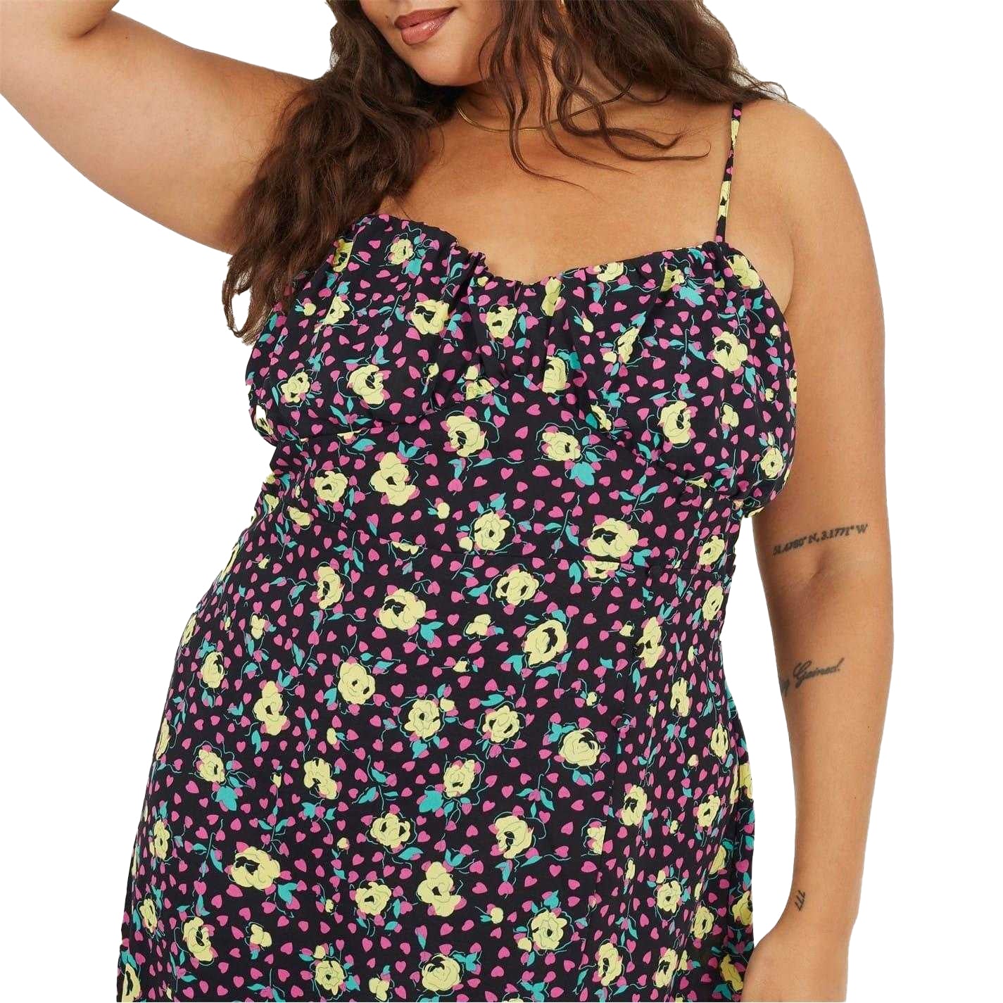 Black-Green-Yellow - Side - Brave Soul Womens-Ladies Floral Curved Spaghetti Strap Midi Dress