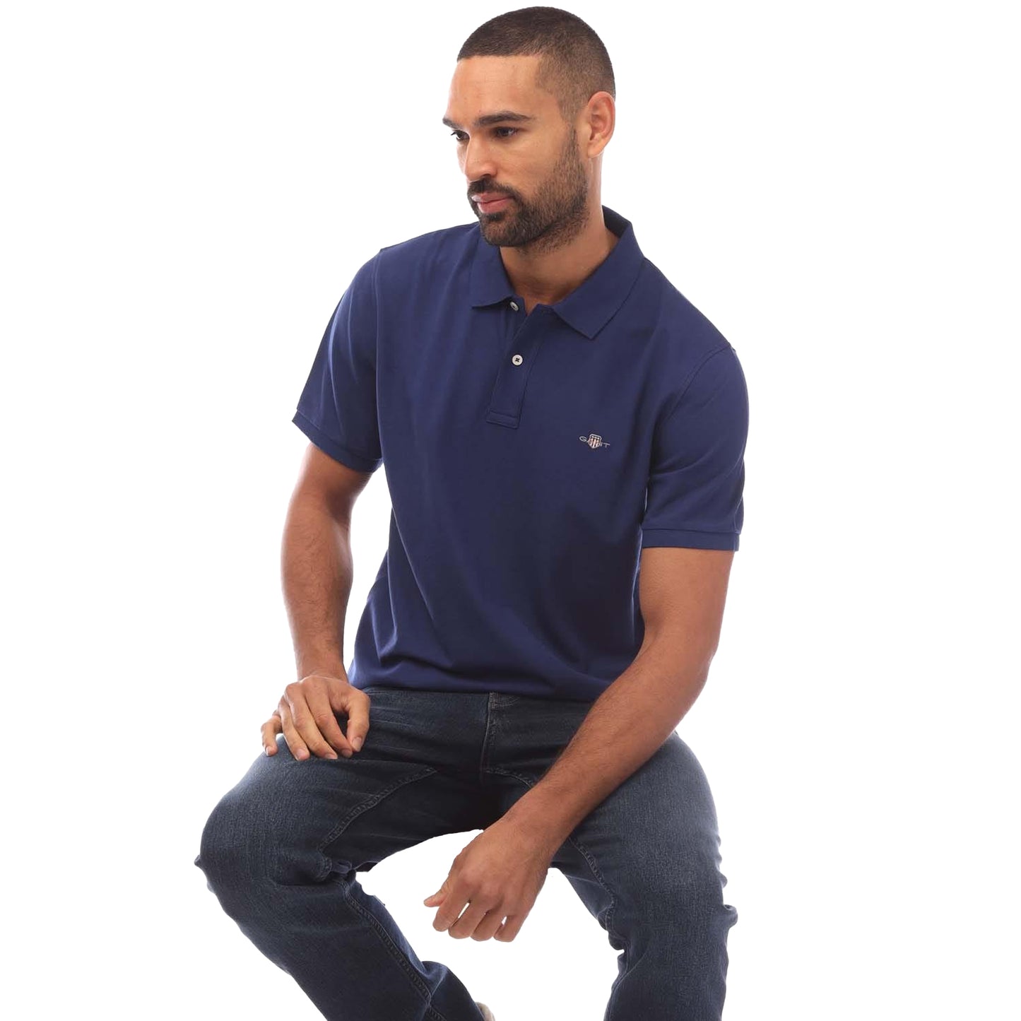 Navy - Side - Gant Mens Shield Logo Pique Polo Shirt