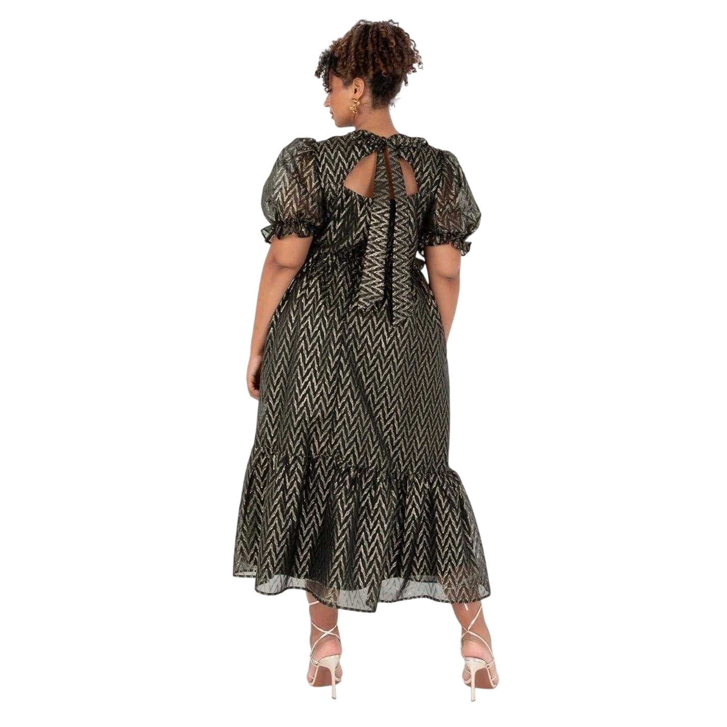 Gold - Back - Lovedrobe Womens-Ladies Chevron Short-Sleeved Midi Dress