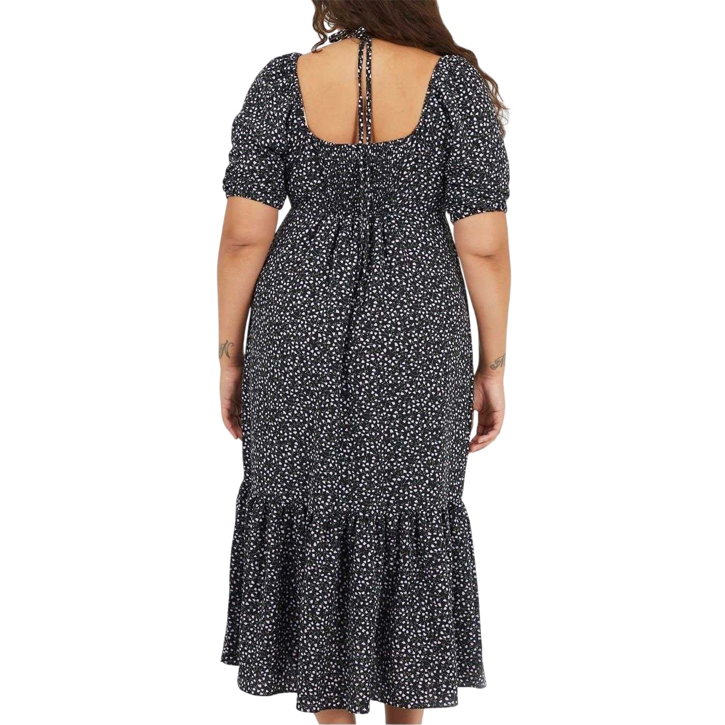 Black-Purple - Back - Brave Soul Womens-Ladies Polka Dot V Neck Curved Short-Sleeved Midi Dress