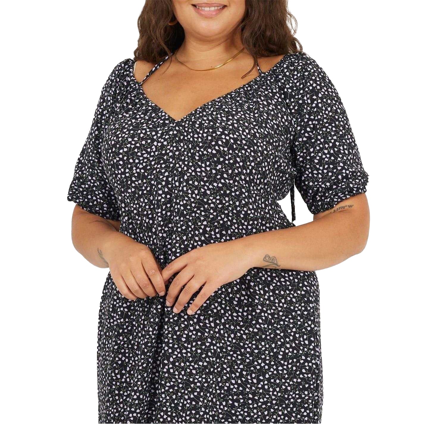 Black-Purple - Side - Brave Soul Womens-Ladies Polka Dot V Neck Curved Short-Sleeved Midi Dress