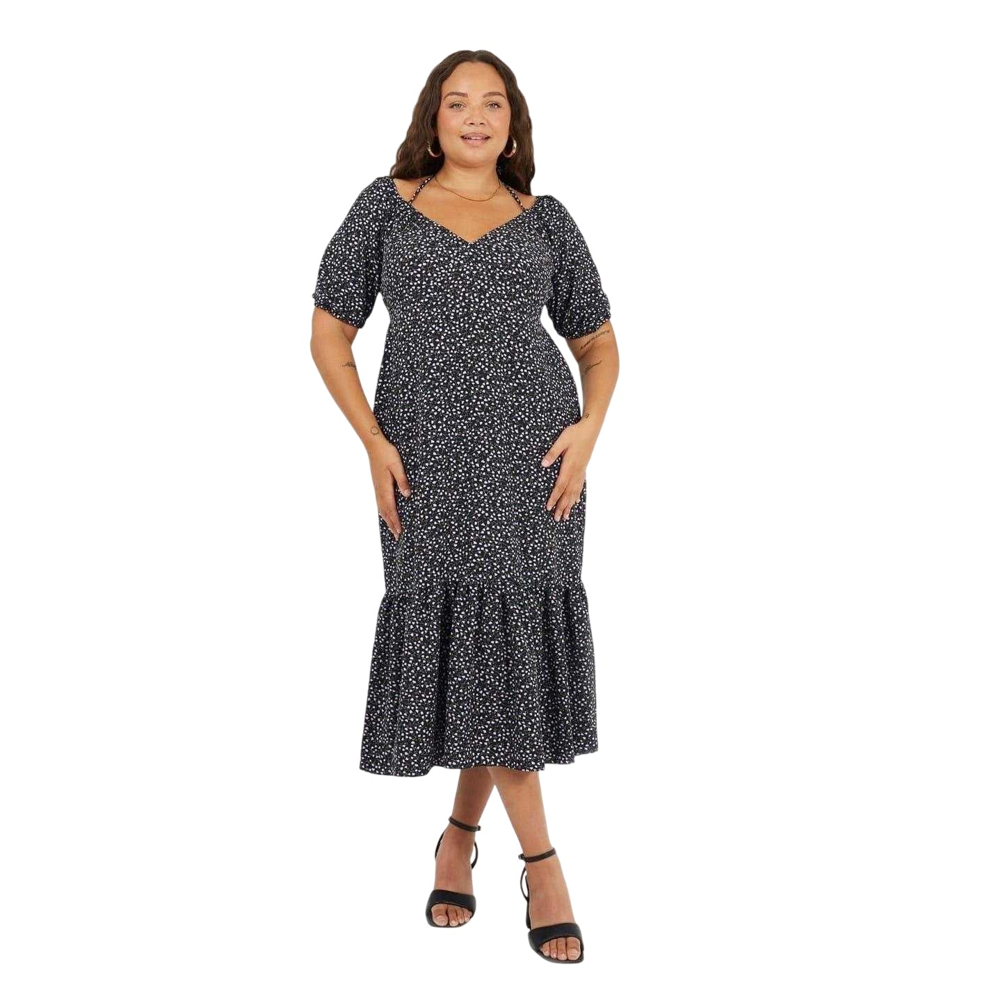 Black-Purple - Lifestyle - Brave Soul Womens-Ladies Polka Dot V Neck Curved Short-Sleeved Midi Dress