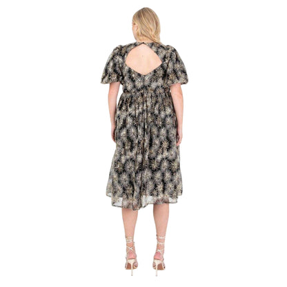 Gold - Back - Lovedrobe Womens-Ladies Crew Neck Puff Sleeve Midi Dress