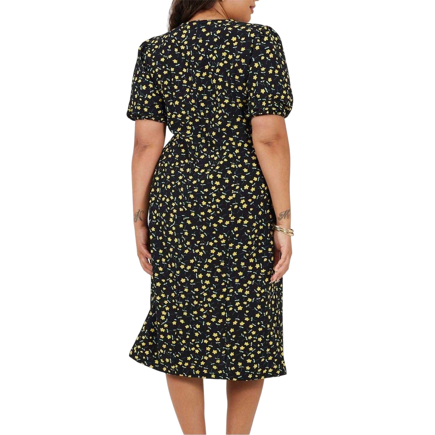 Black-Yellow - Back - Brave Soul Womens-Ladies Floral Crew Neck Puff Sleeve Midi Dress