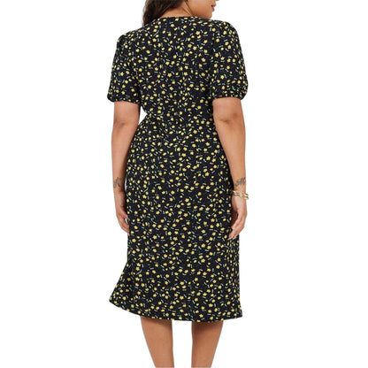 Black-Yellow - Back - Brave Soul Womens-Ladies Floral Crew Neck Puff Sleeve Midi Dress
