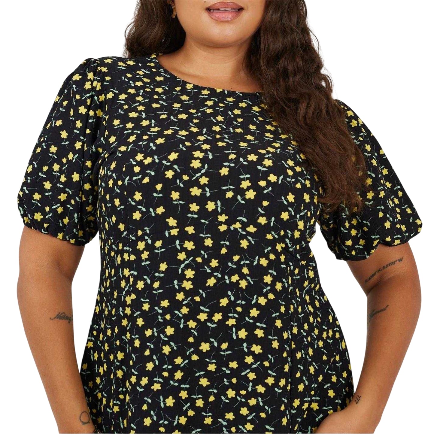 Black-Yellow - Side - Brave Soul Womens-Ladies Floral Crew Neck Puff Sleeve Midi Dress