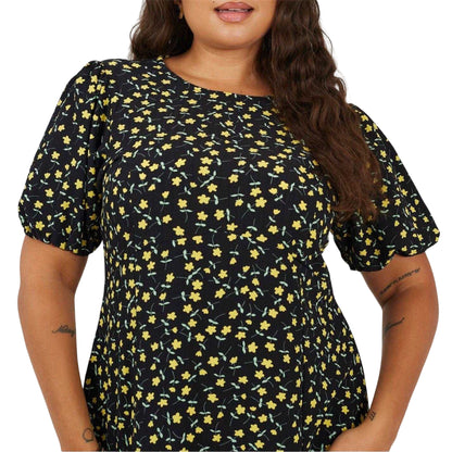 Black-Yellow - Side - Brave Soul Womens-Ladies Floral Crew Neck Puff Sleeve Midi Dress