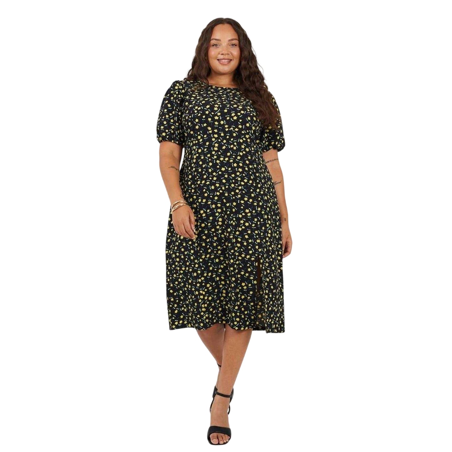 Black-Yellow - Lifestyle - Brave Soul Womens-Ladies Floral Crew Neck Puff Sleeve Midi Dress
