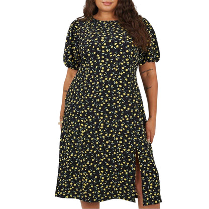 Black-Yellow - Front - Brave Soul Womens-Ladies Floral Crew Neck Puff Sleeve Midi Dress