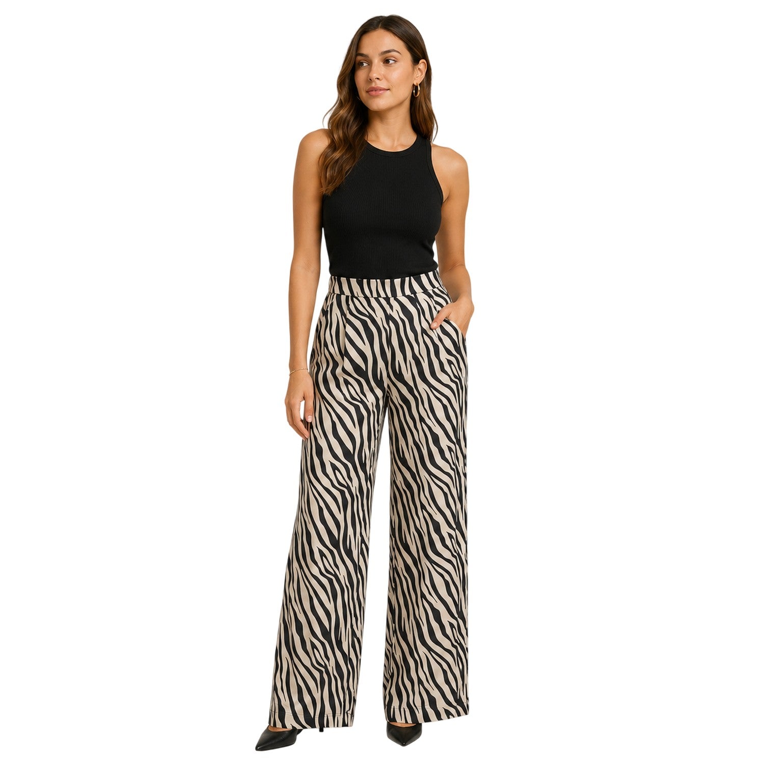 Black - Side - Vero Moda Womens-Ladies Lisa Zebra Print Wide Leg Trousers