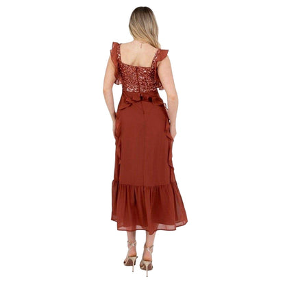 Rust - Back - Maya Deluxe Womens-Ladies Sequin Square Neck Sleeveless Midi Dress