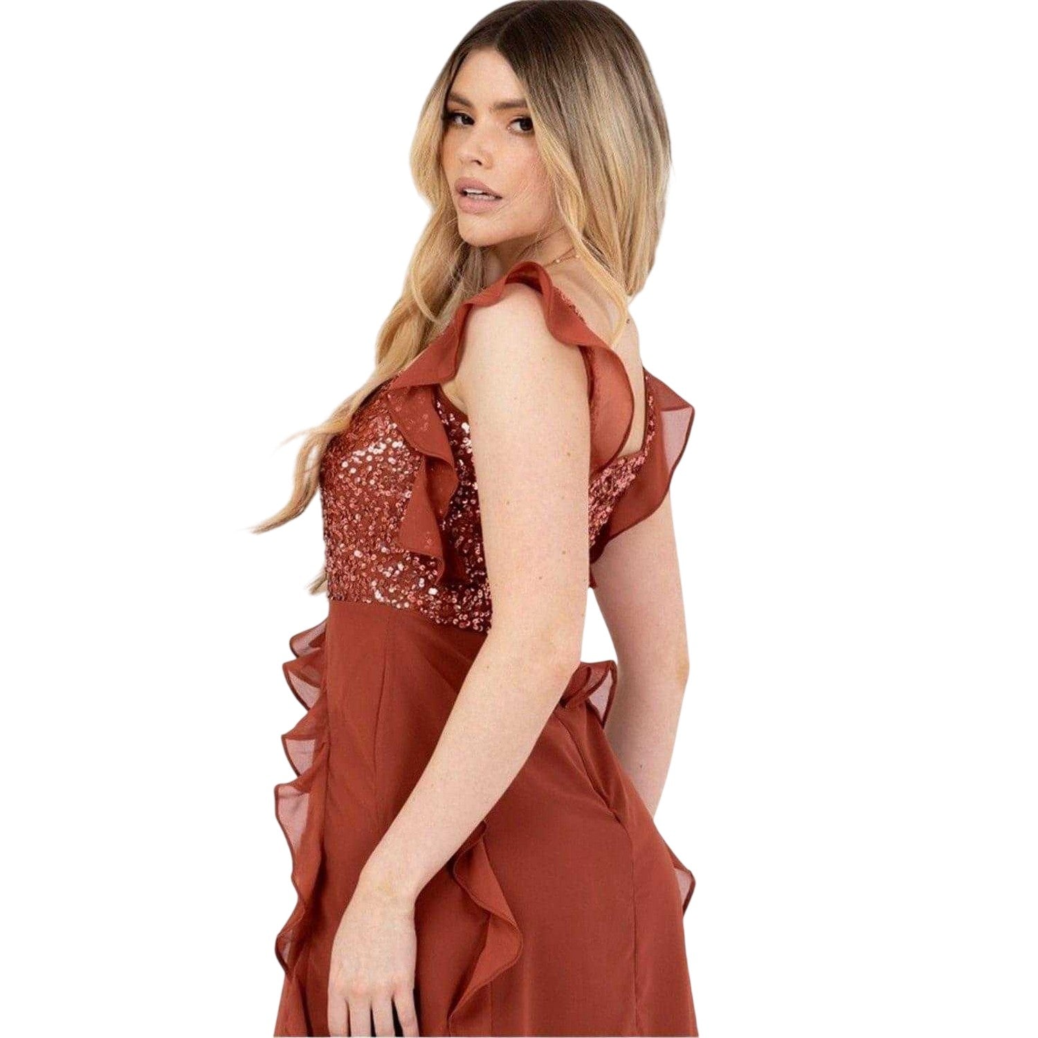 Rust - Side - Maya Deluxe Womens-Ladies Sequin Square Neck Sleeveless Midi Dress