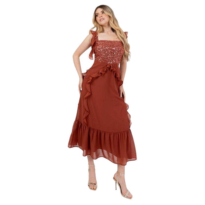 Rust - Front - Maya Deluxe Womens-Ladies Sequin Square Neck Sleeveless Midi Dress