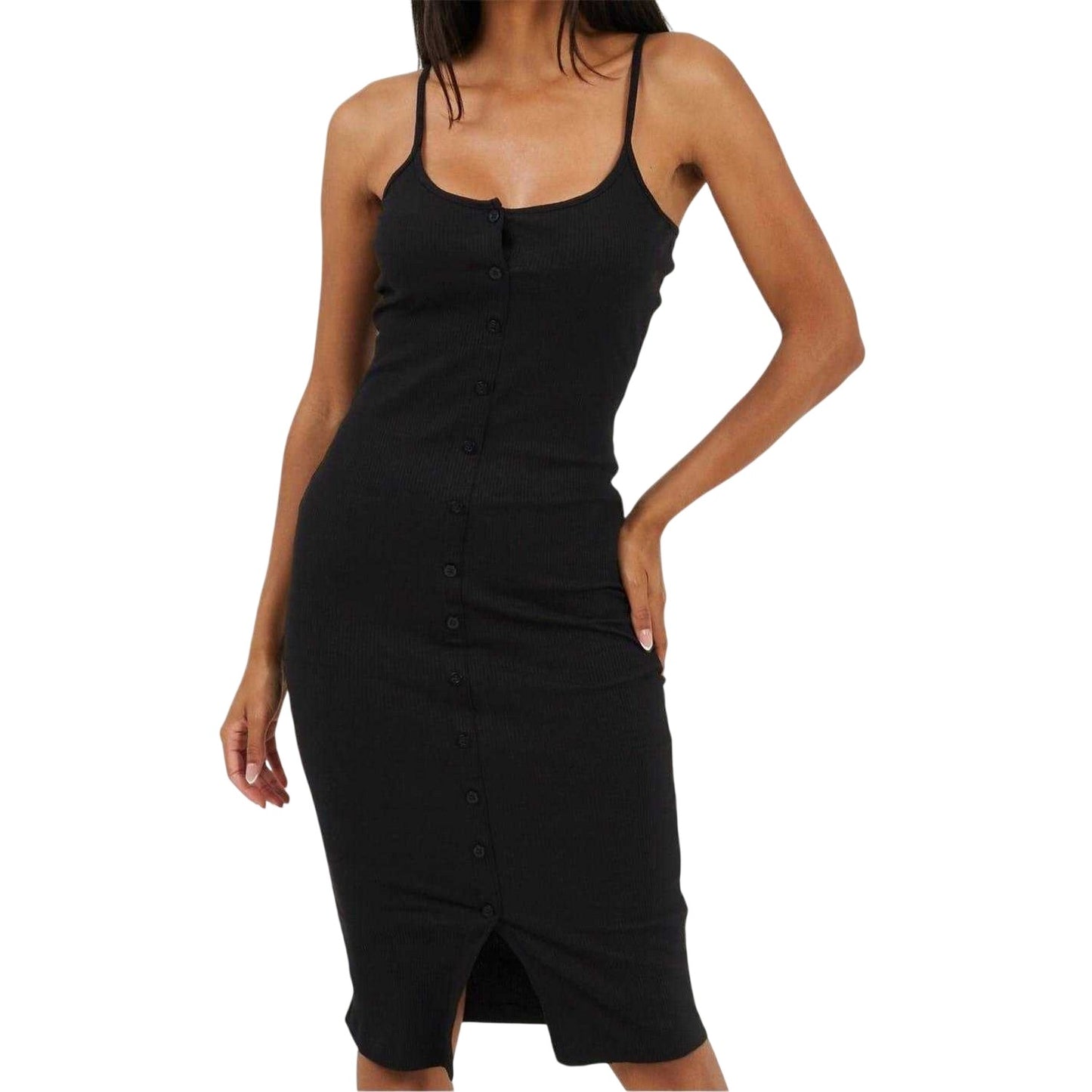 Black - Front - Brave Soul Womens-Ladies Spaghetti Strap Extra-Slim Sleeveless Midi Dress