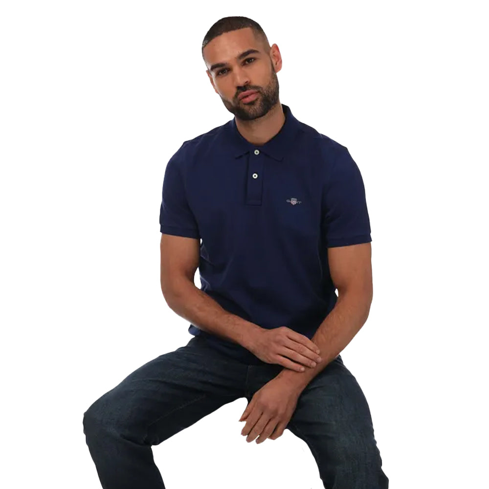 Navy - Side - Gant Mens Shield Pique Regular Polo Shirt