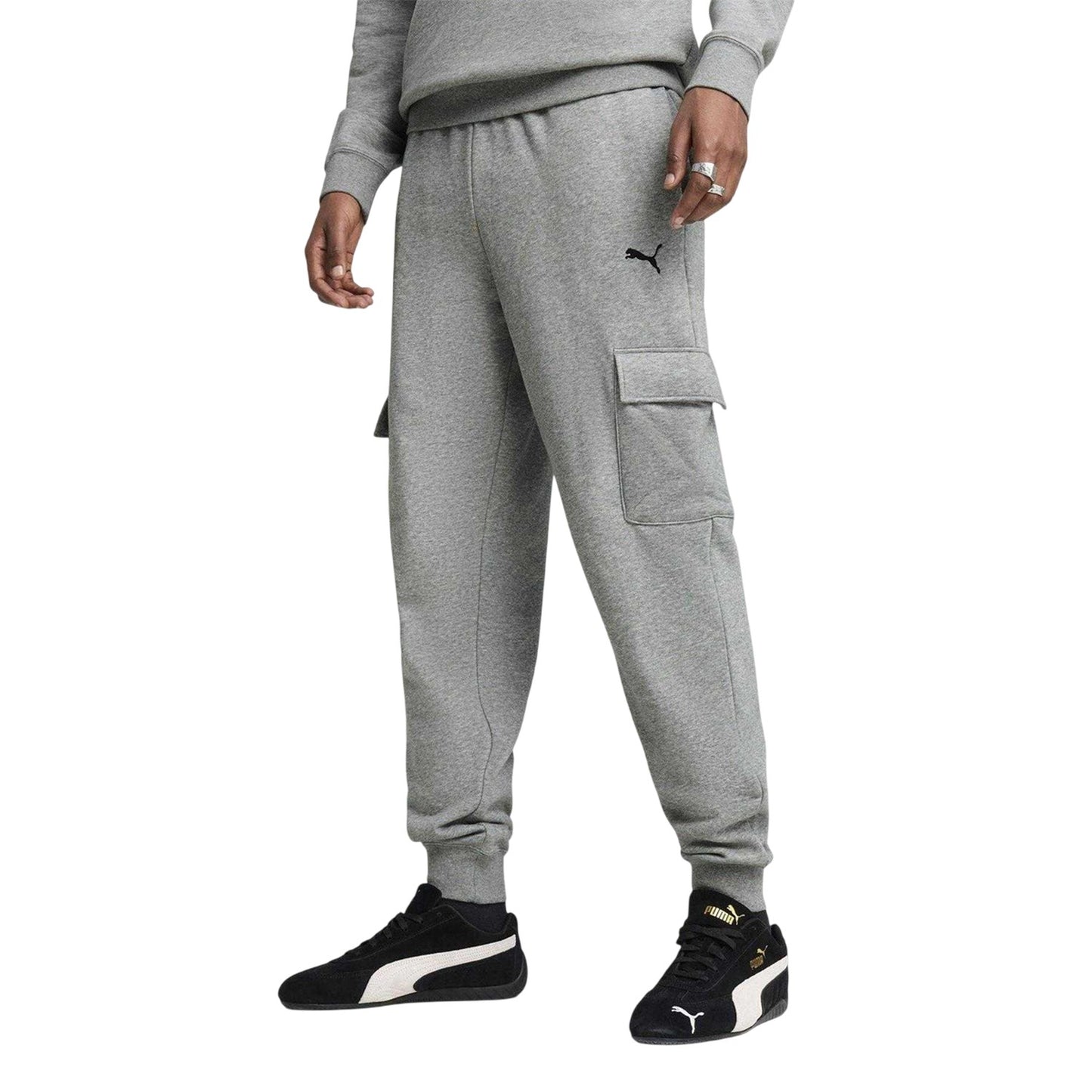 Grey - Side - Puma Mens Fleece Logo Cargo Trousers