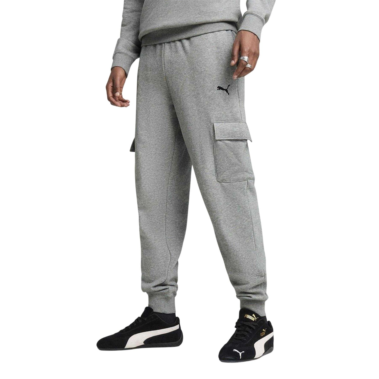 Grey - Side - Puma Mens Fleece Logo Cargo Trousers