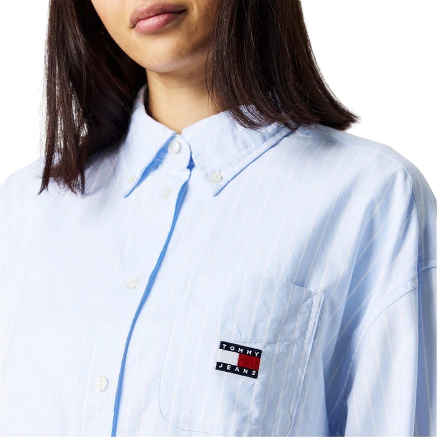 Blue - Side - Tommy Jeans Womens-Ladies Oxford Relaxed Fit Long-Sleeved Shirt Dress