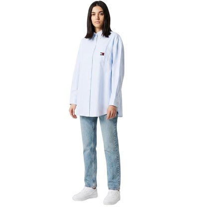 Blue - Pack Shot - Tommy Jeans Womens-Ladies Oxford Relaxed Fit Long-Sleeved Shirt Dress