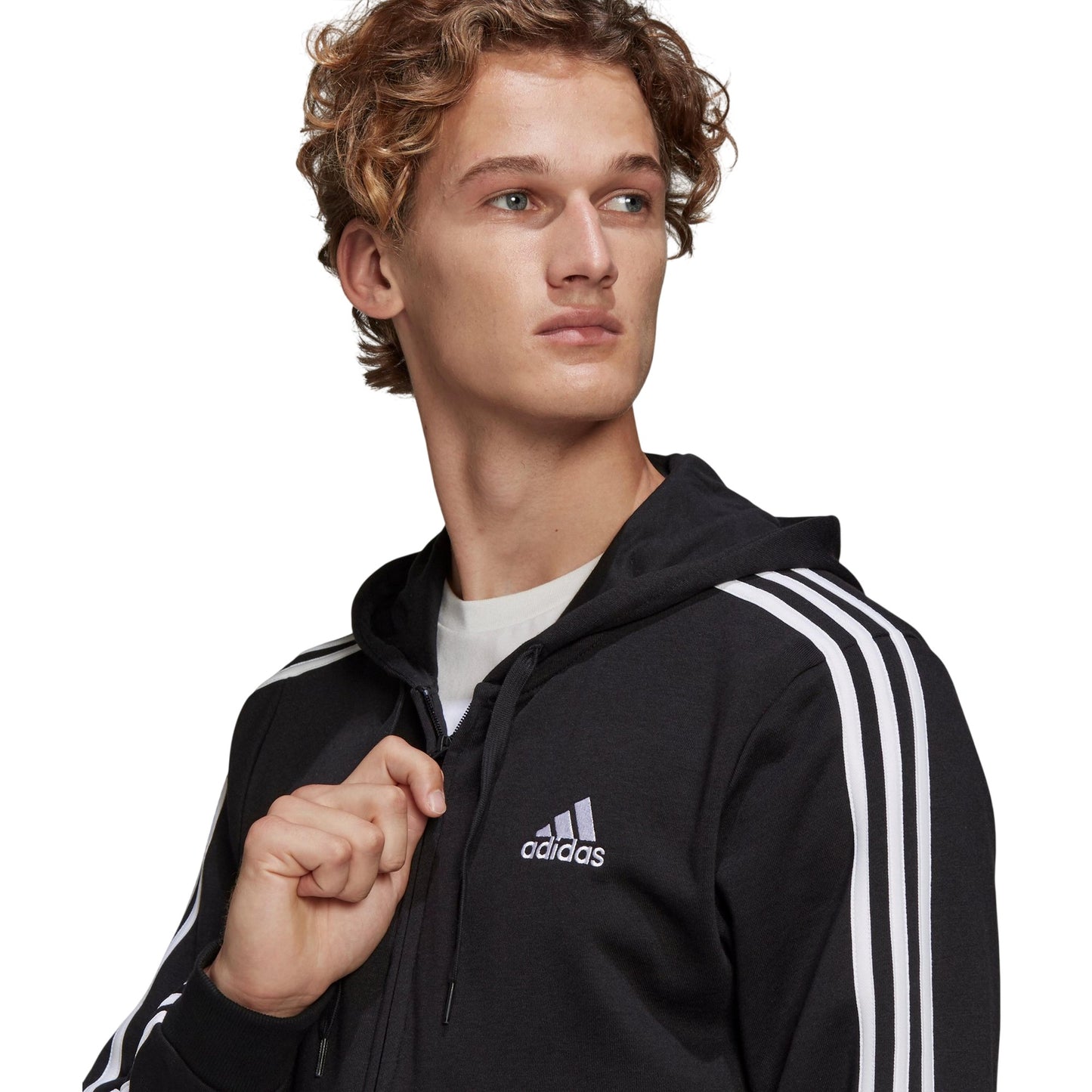 Black - Side - Adidas Mens 3 Stripes French Terry Relaxed Fit Casual Full Zip Hoodie