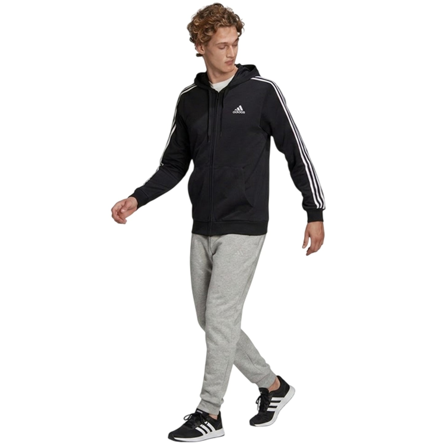 Black - Pack Shot - Adidas Mens 3 Stripes French Terry Relaxed Fit Casual Full Zip Hoodie