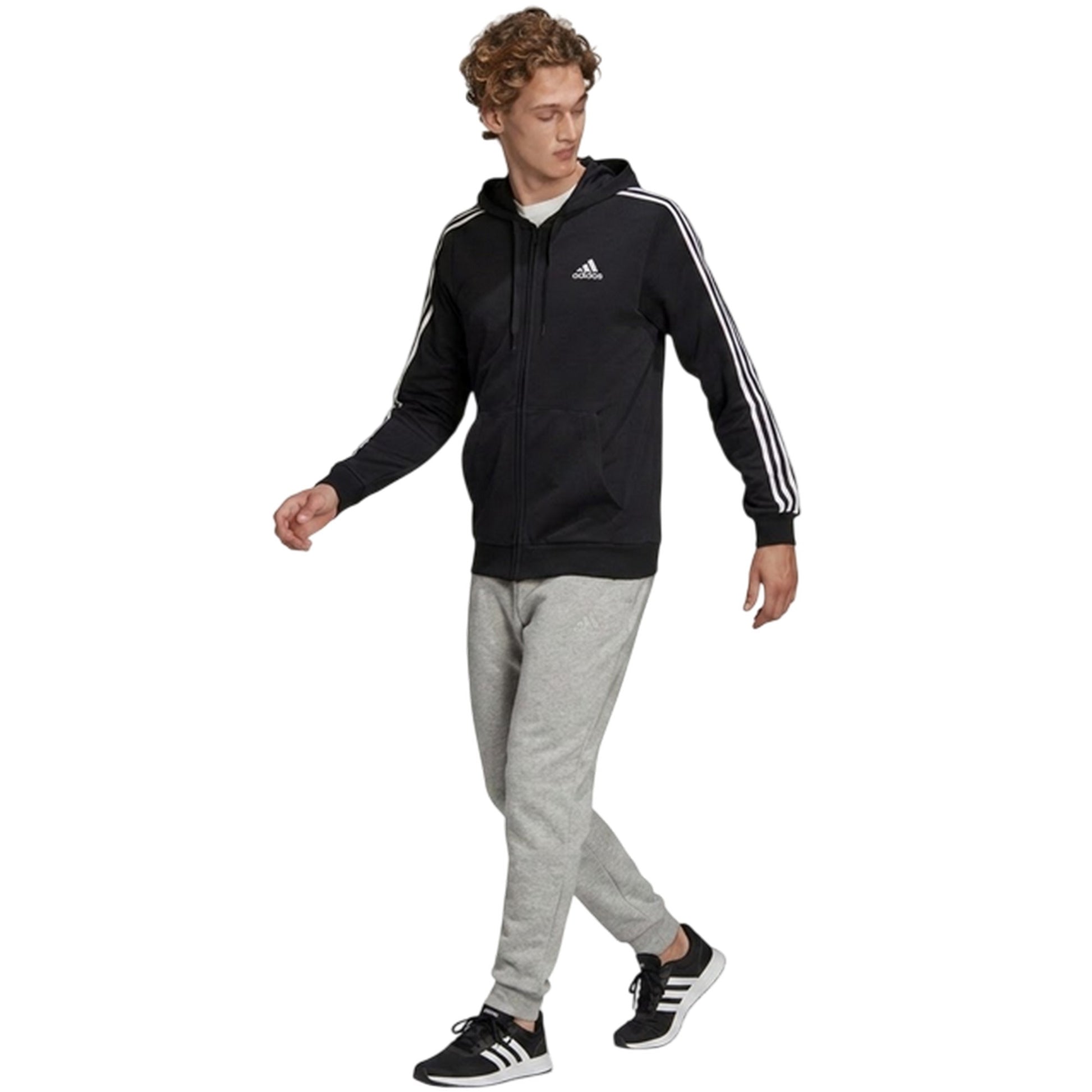 Black - Pack Shot - Adidas Mens 3 Stripes French Terry Relaxed Fit Casual Full Zip Hoodie