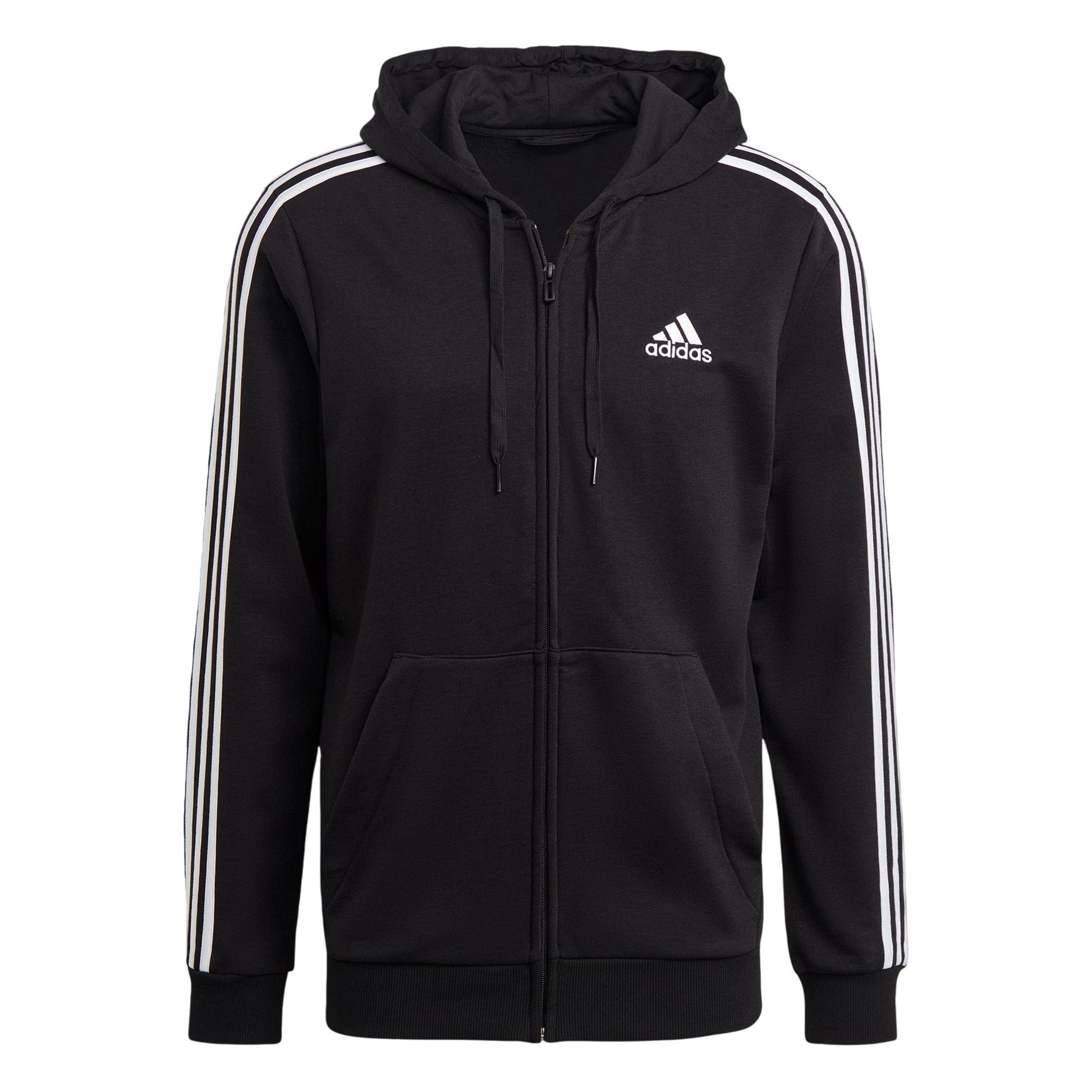 Black - Front - Adidas Mens 3 Stripes French Terry Relaxed Fit Casual Full Zip Hoodie