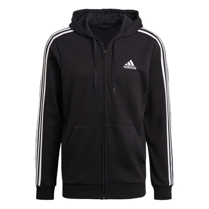 Black - Front - Adidas Mens 3 Stripes French Terry Relaxed Fit Casual Full Zip Hoodie