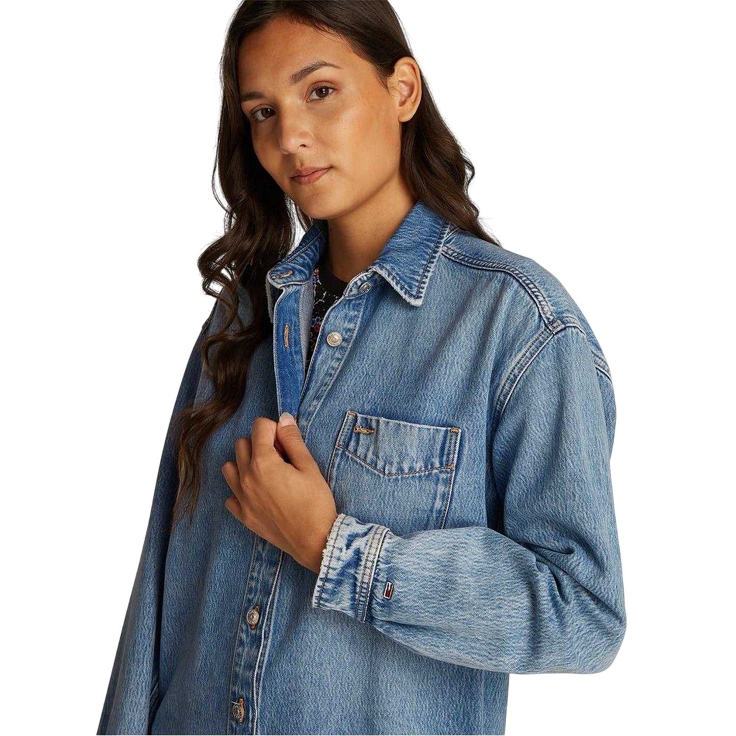 Light Denim - Side - Tommy Jeans Womens-Ladies Denim Relaxed Fit Long-Sleeved Shirt