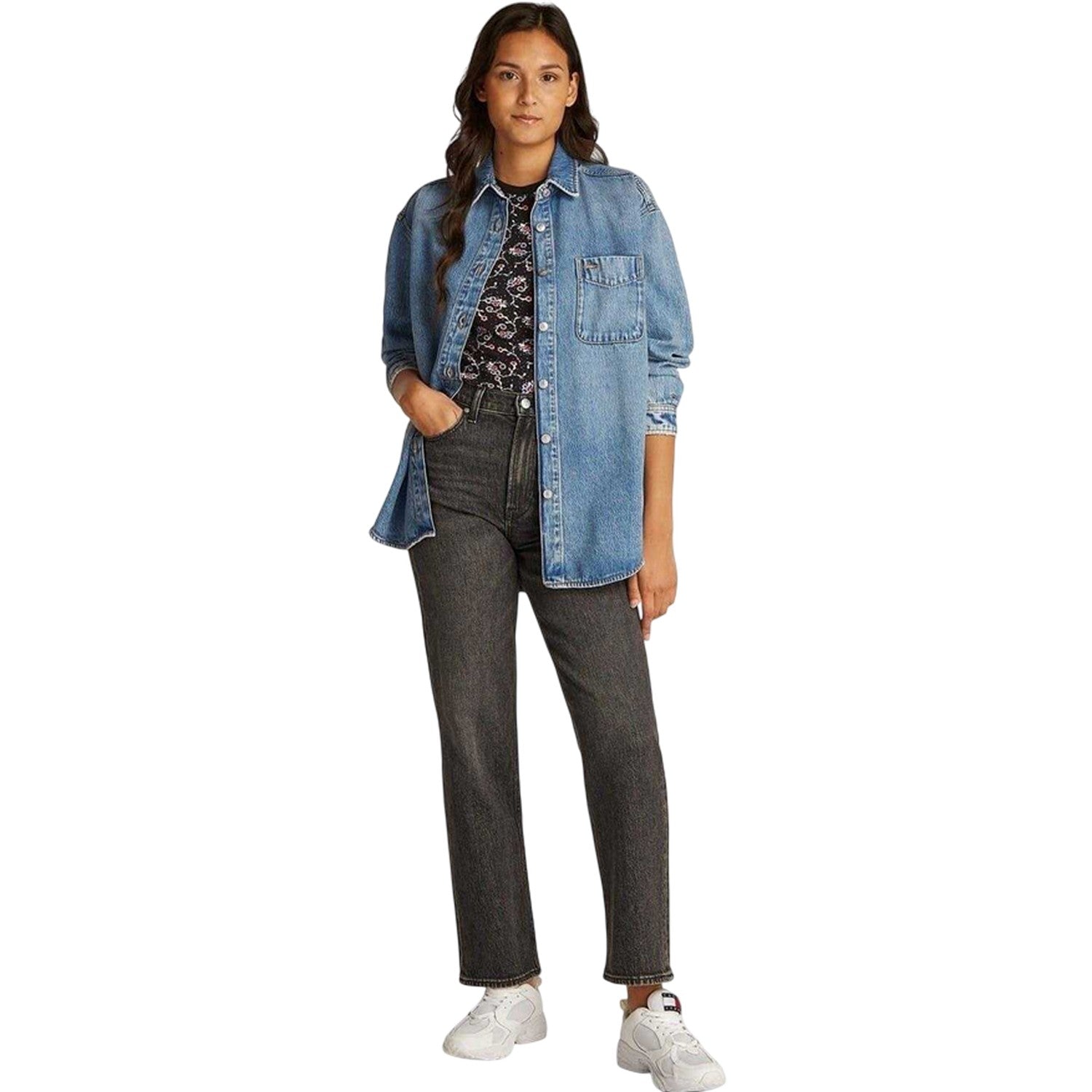 Light Denim - Pack Shot - Tommy Jeans Womens-Ladies Denim Relaxed Fit Long-Sleeved Shirt
